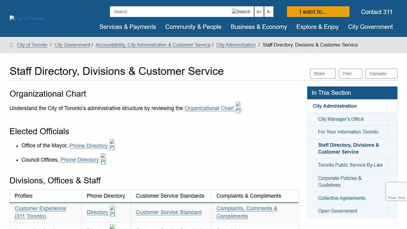 Staff Directory, Divisions & Customer Service – City of Toronto