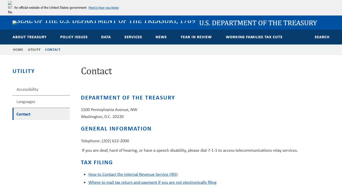 Contact U.S. Department of the Treasury